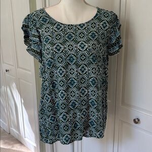 Nicole Miller Blue, Green and White Patterned Blouse